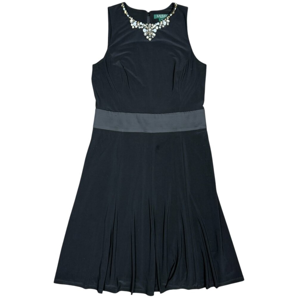 Women's LAUREN RALPH LAUREN DRESS Jeweled Neckline Black Cocktail Dress- Size 10